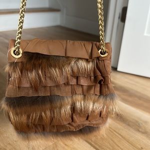 Elie Tahari Brown Leather Silk Fur Gold Chain Mini Crossbody Handbag Purse NWT